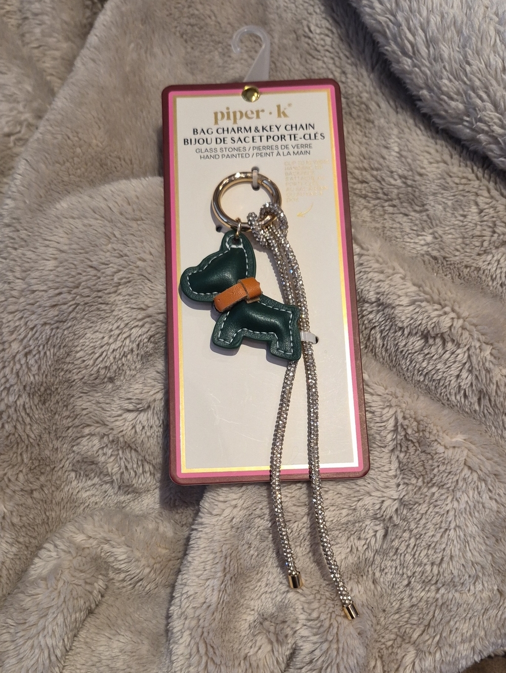 Piper·k Green Dog Bag Charm Keychain with Tan Collar and Silver Chain